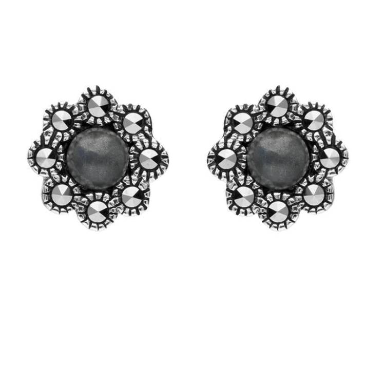 Sterling Silver Hematite Marcasite Round Edge Bead Stud Earrings - Silver