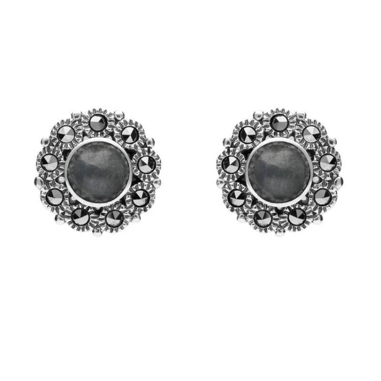Sterling Silver Hematite Marcasite Round Stud Earrings - Silver