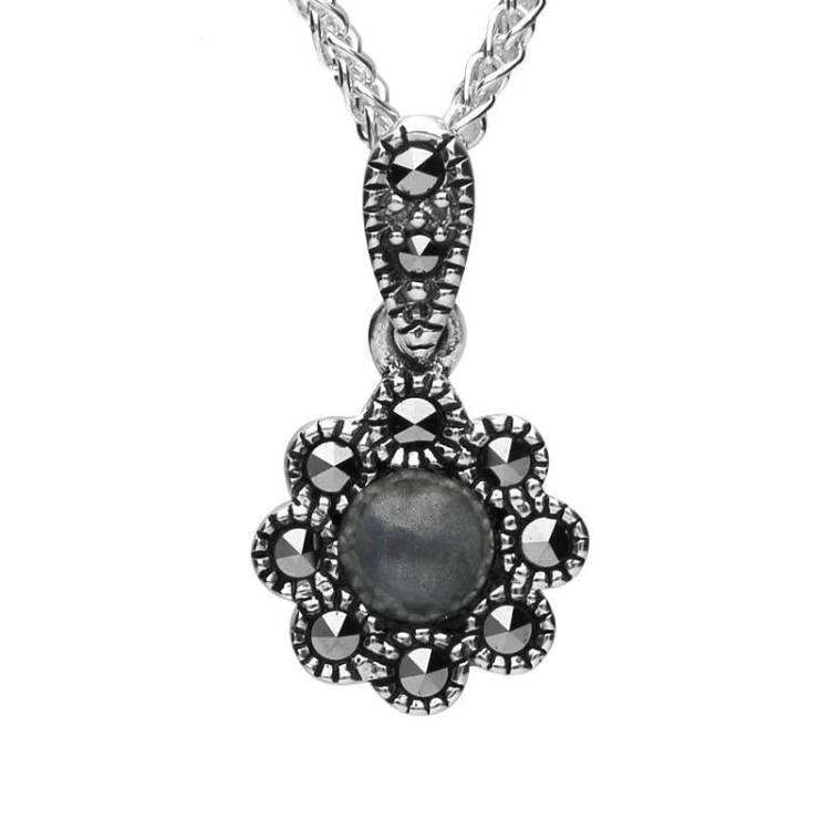 Sterling Silver Hematite Marcasite Rounded Bead Edge Necklace - Silver