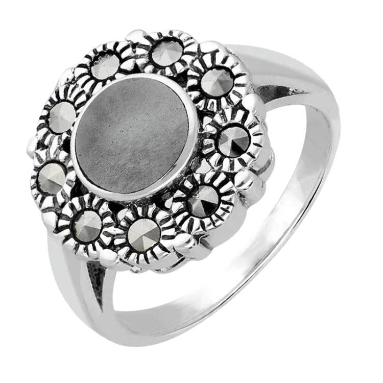 Sterling Silver Hematite Vintage Round Centre Marcasite Ring - Silver