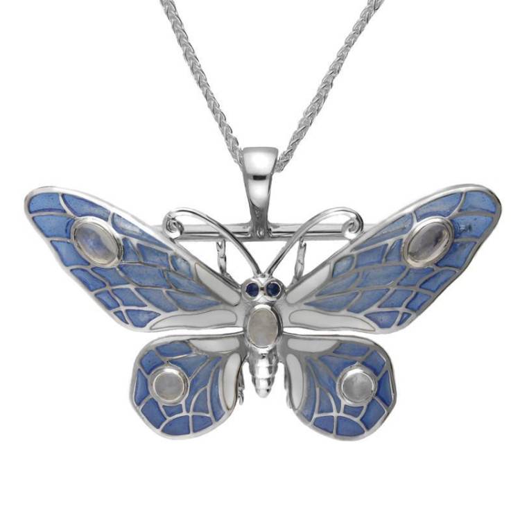 Sterling Silver House Style Moonstone Sapphire Enamel Butterfly Necklace
