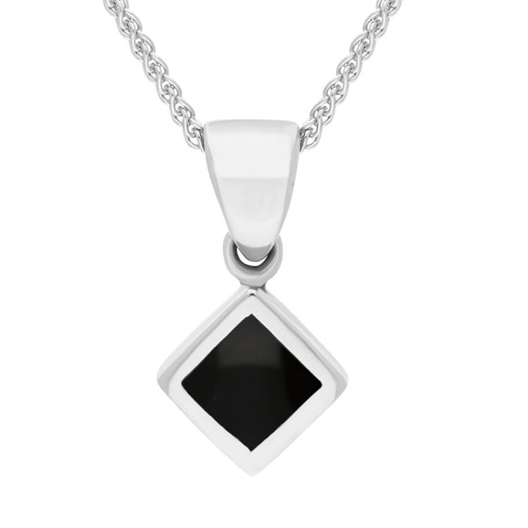 Sterling Silver Whitby Jet Dinky Square Necklace - Silver
