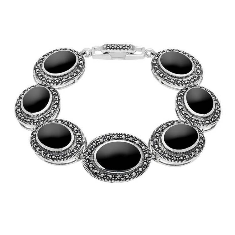 Sterling Silver Whitby Jet Marcasite Framed Oval Bracelet - Silver