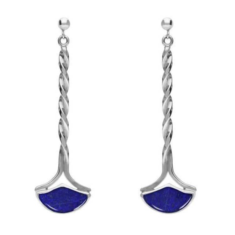 Sterling Silver Lapis Lazuli Drop Twist Fan Stud Earrings - Silver