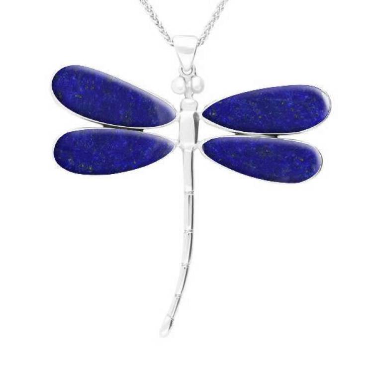 Sterling Silver Lapis Lazuli Four Stone Large Dragonfly Necklace - Silver