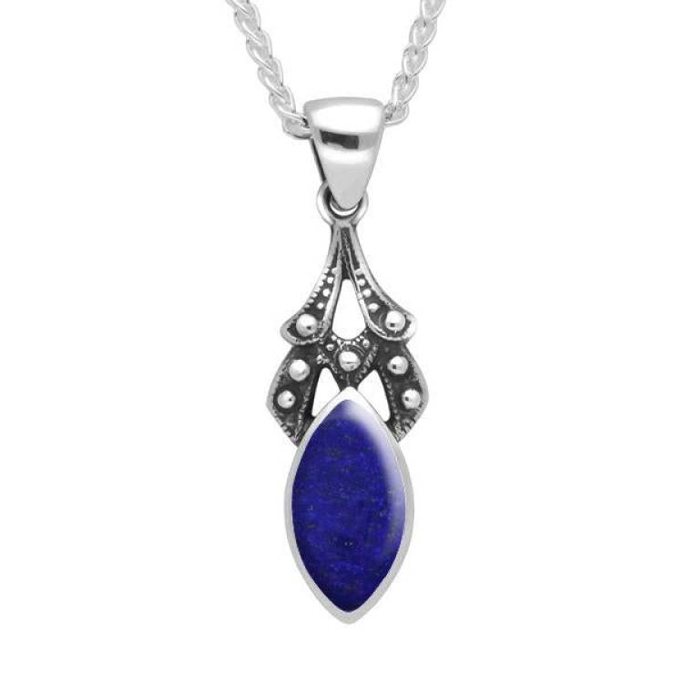 Sterling Silver Lapis Lazuli Marquise Drop Necklace - Silver
