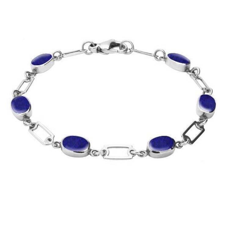 Sterling Silver Lapis Lazuli Oval Linked Bracelet
