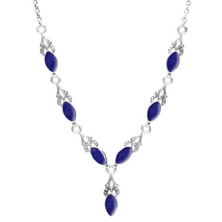 Sterling Silver Lapis Lazuli Seven Stone Marquise Necklace - Silver