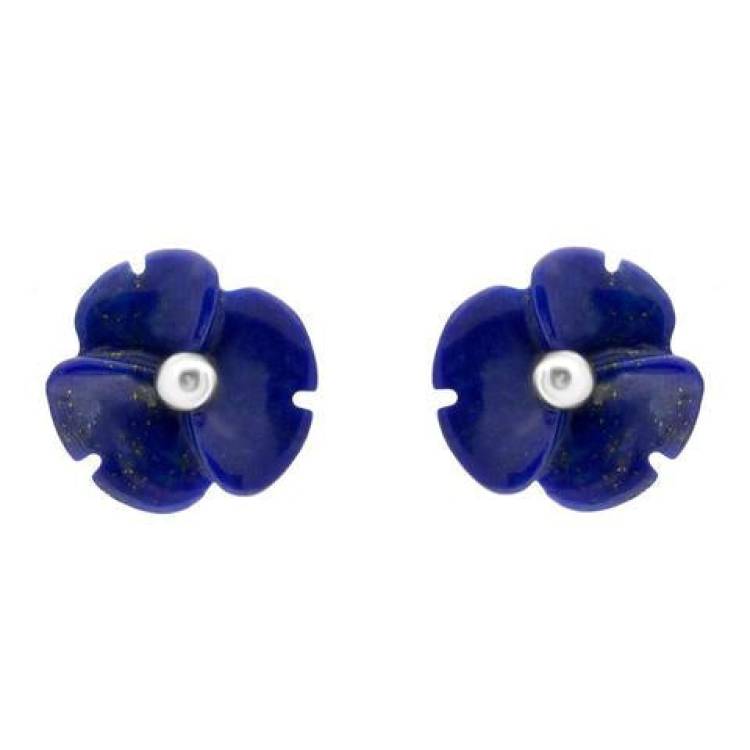 Sterling Silver Lapis Lazuli Tuberose 8mm Clover Stud Earrings - Silver