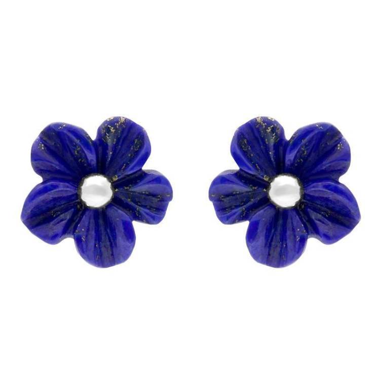 Sterling Silver Lapis Lazuli Tuberose 8mm Desert Rose Stud Earrings - Silver