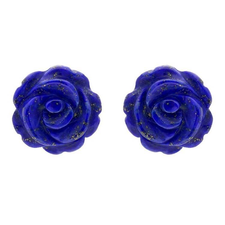 Sterling Silver Lapis Lazuli Tuberose 10mm Rose Stud Earrings - Silver