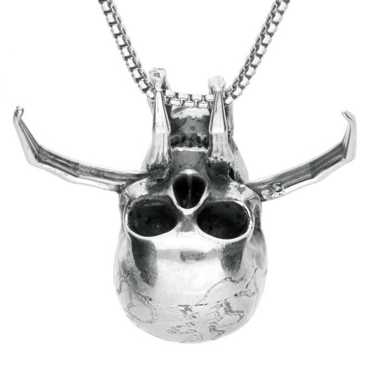 Sterling Silver Large Predator Skull Necklace - Silver