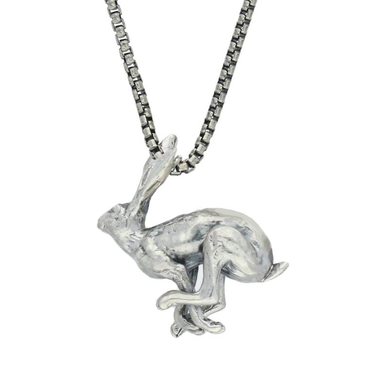 Sterling Silver Large Running Hare Necklace - Silver