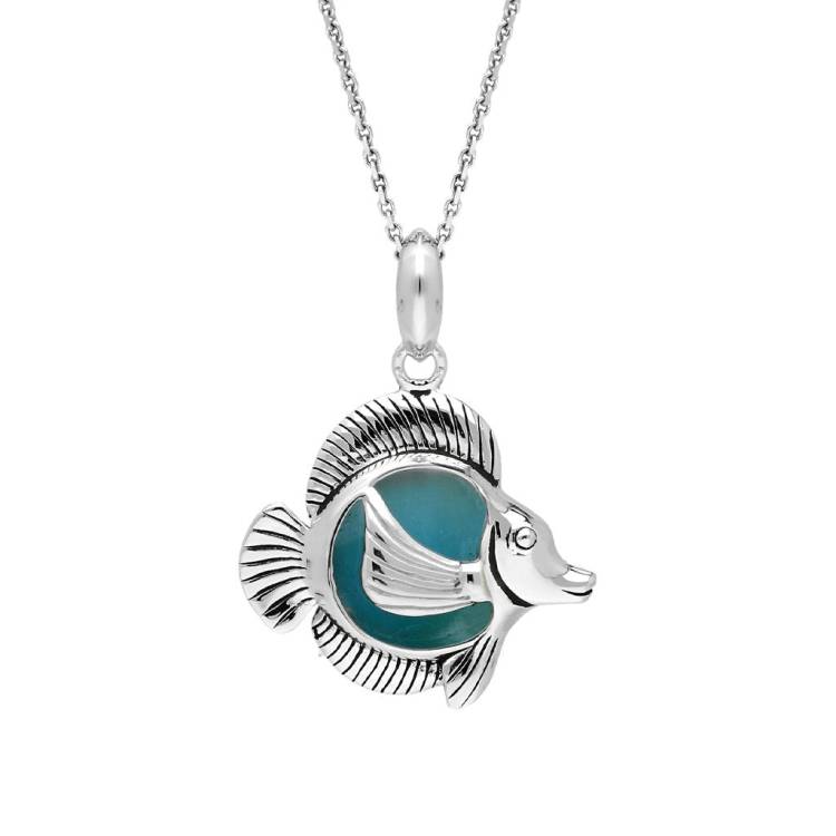 Sterling Silver Larimar Single Stone Angel Fish Necklace - Silver