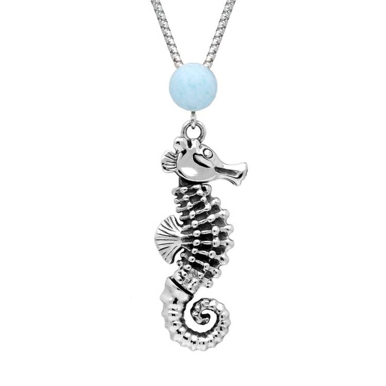Sterling Silver Larimar Small Seahorse Stone Top Necklace - Option1 Value Silver