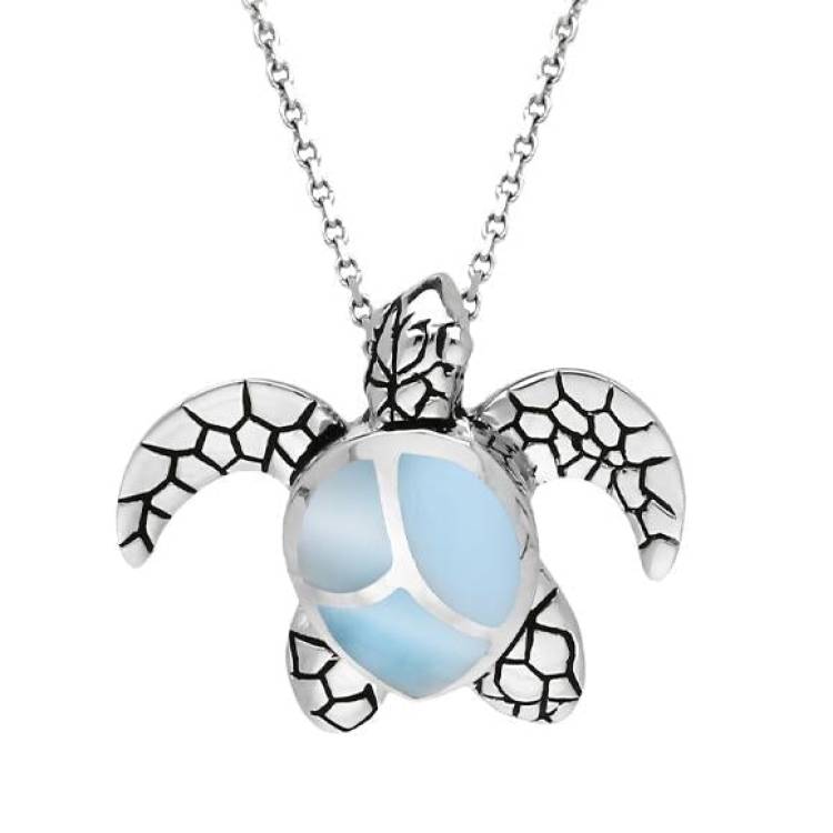 Sterling Silver Larimar Small Three Stone Turtle Necklace - Option1 Value Silver