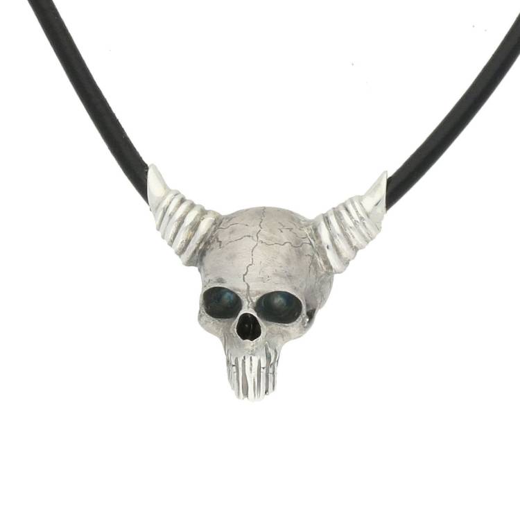 Sterling Silver Leather Horned Skull Necklace - Silver
