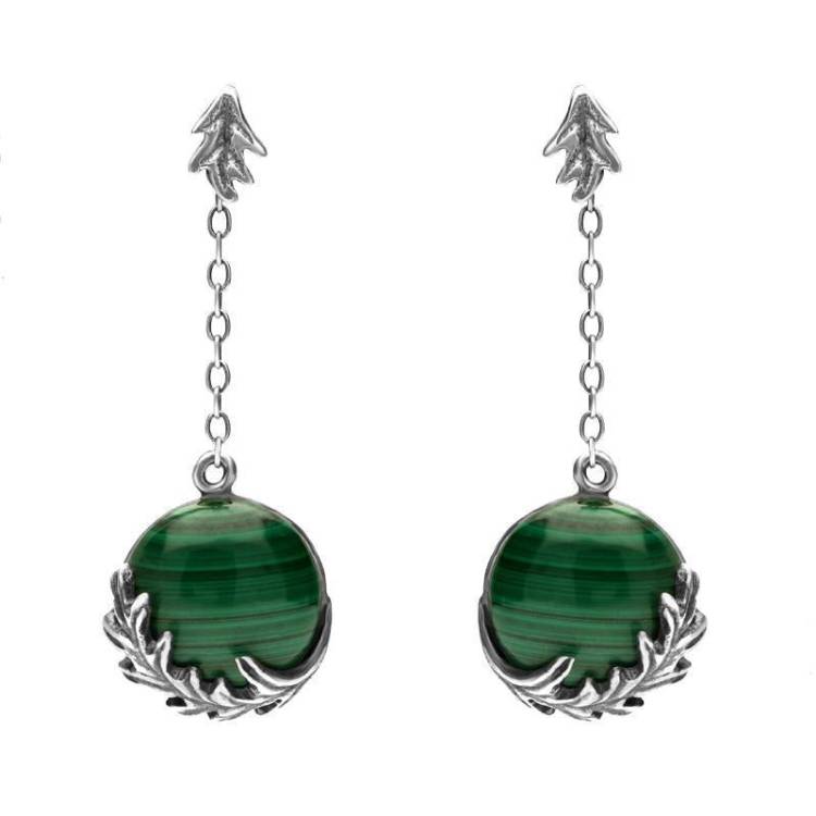 Sterling Silver Malachite Acanthus Leaf Round Chain Drop Earrings - Silver