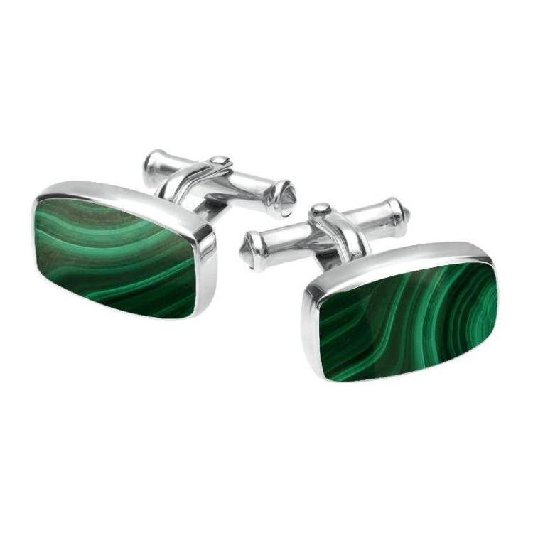 Sterling Silver Malachite Barrel Shaped Cufflinks - Silver