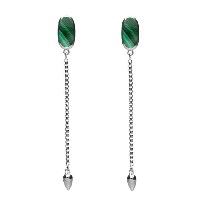 Sterling Silver Malachite Lineaire Long Drop Stud Earrings