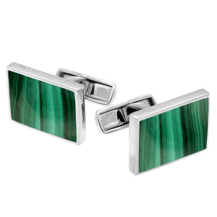 Sterling Silver Malachite Oblong Shaped Cufflinks - Silver