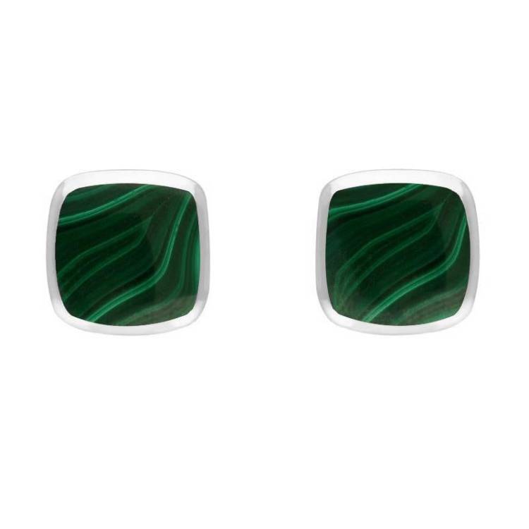 Sterling Silver Malachite Small Dinky Cushion Stud Earrings - Silver