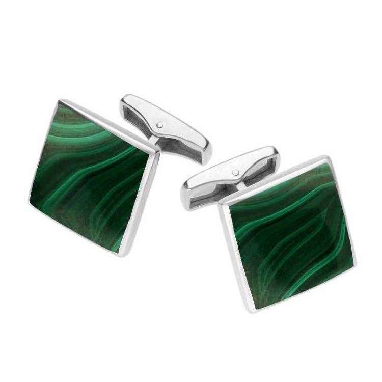 Sterling Silver Malachite Square Shaped Cufflinks - Silver
