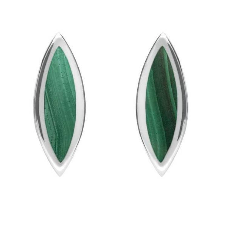 Sterling Silver Malachite Toscana Long Marquise Stud Earrings - Silver