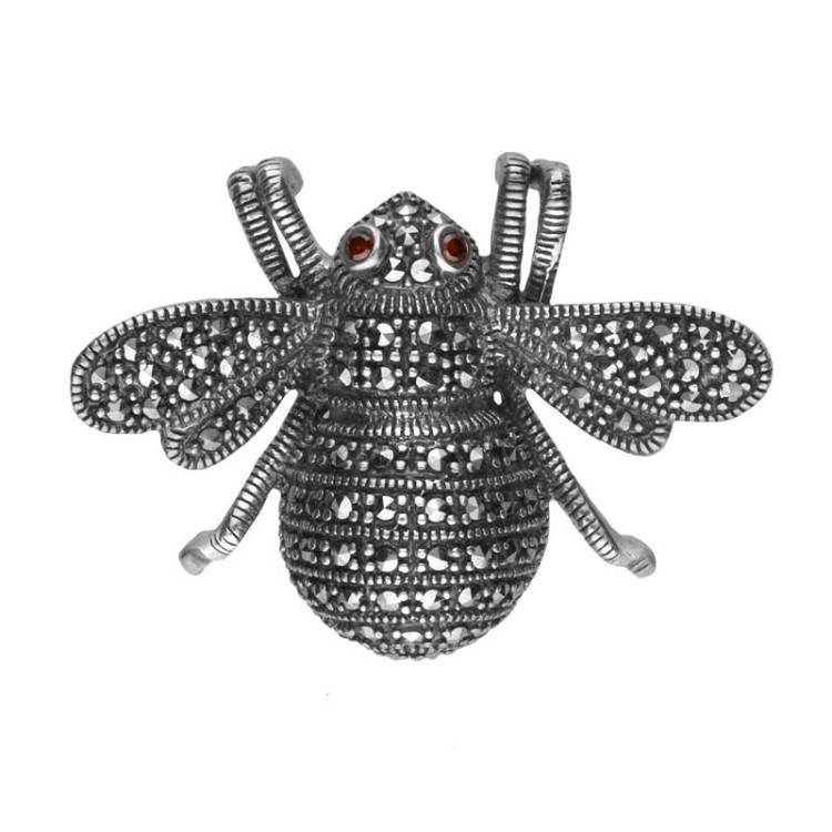 Sterling Silver Marcasite Garnet House Style Bee Brooch - Silver
