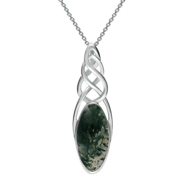 Sterling Silver Moss Agate Marquise Pierced Long Necklace - Silver