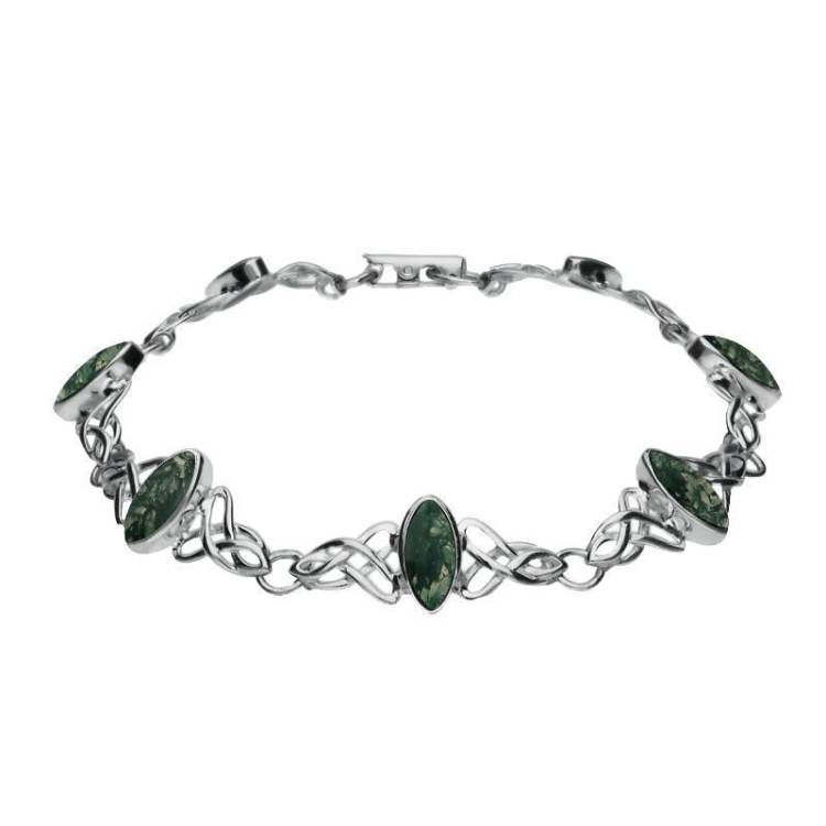 Sterling Silver Moss Agate Marquise Shaped Celtic Bracelet - Silver