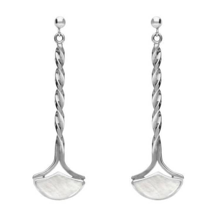 Sterling Silver Mother of Pearl Drop Twist Fan Stud Earrings - Silver