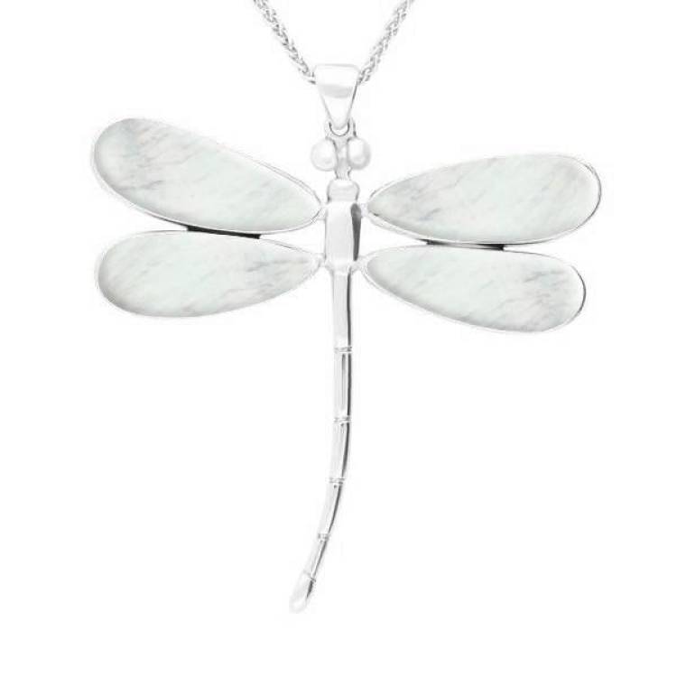 Sterling Silver Mother of Pearl Four Stone Large Dragonfly Necklace - Silver