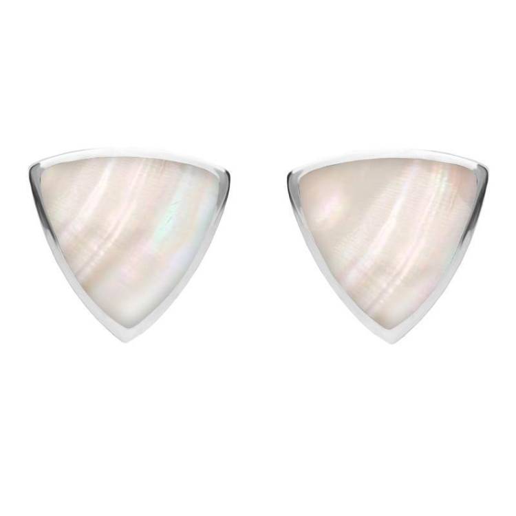 Sterling Silver Mother of Pearl Large Curved Triangle Stud Earrings - Silver