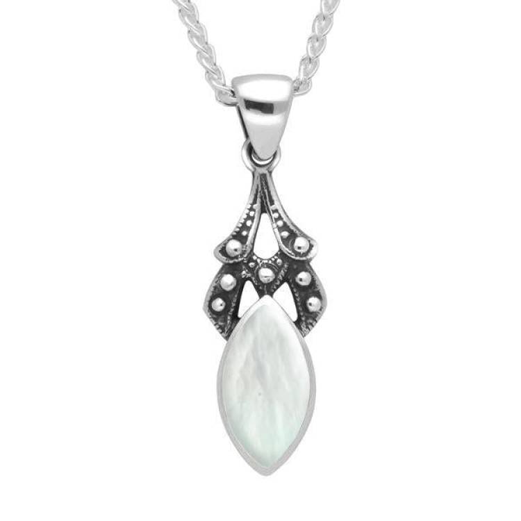 Sterling Silver Mother of Pearl Marquise Drop Necklace - Silver