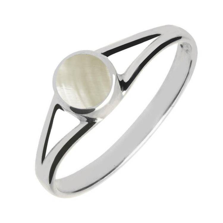 Sterling Silver Mother of Pearl Round Split Shoulder Ring - Silver