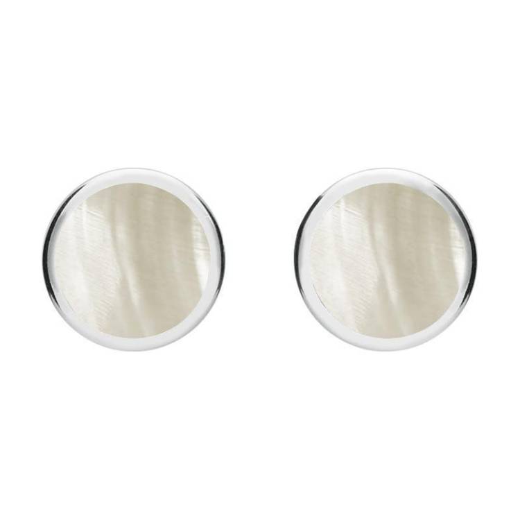 Sterling Silver Mother of Pearl Round Stud Earrings - Silver