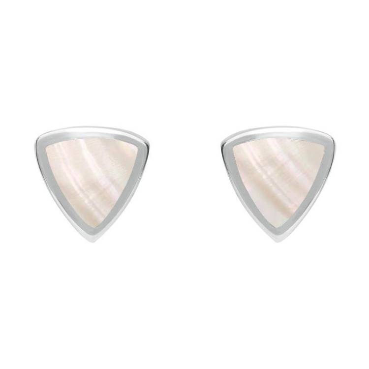 Sterling Silver Mother of Pearl Small Curved Triangle Stud Earrings - Silver