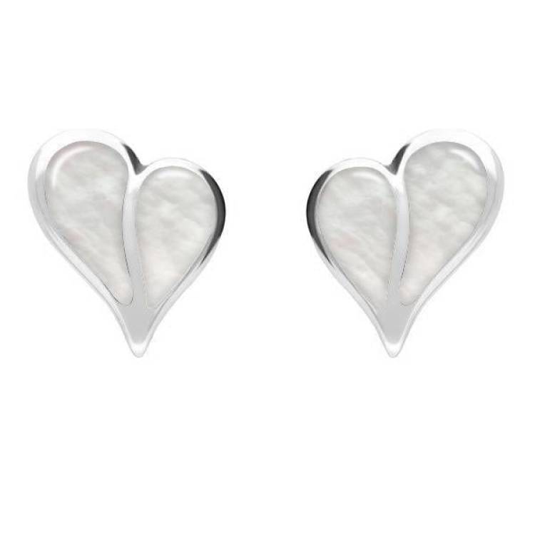 Sterling Silver Mother of Pearl Split Heart Stud Earrings - Silver