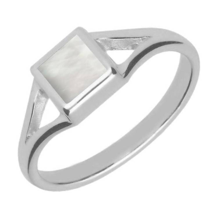 Sterling Silver Mother of Pearl Square Split Shoulder Ring - Silver