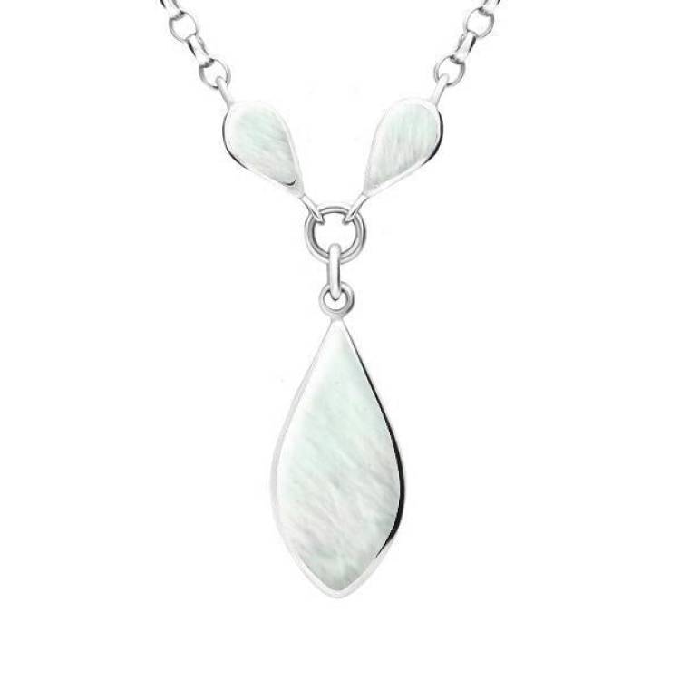 Sterling Silver Mother of Pearl Three Stone Pear Necklace - Silver