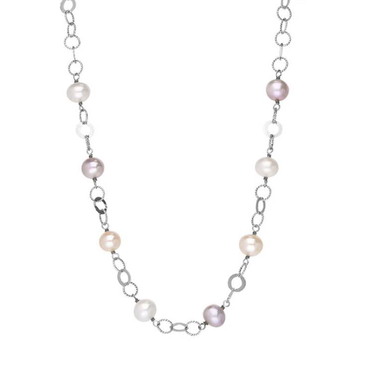 Sterling Silver Multi-coloured Pearl Beaded Necklace D