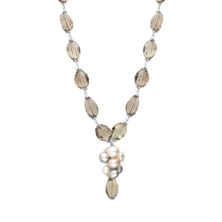Sterling Silver Multi-coloured Pearl and Quartz Bead Drop Necklace D