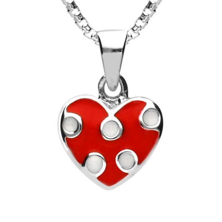 Sterling Silver NSPCC Enamel Red and White Spotty Heart Necklace D - Silver