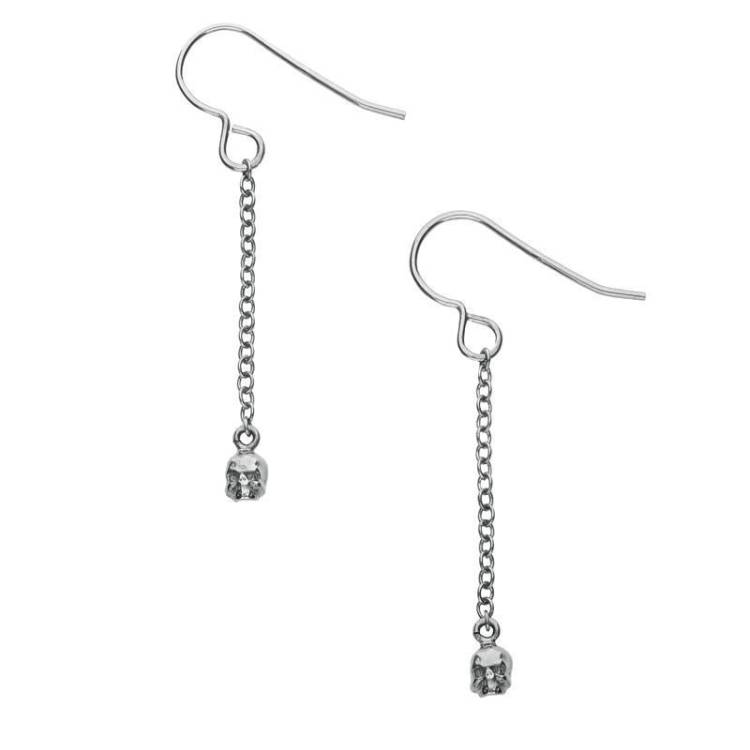 Sterling Silver Oxidised Tiny Skull Chain Drop Earrings - Silver
