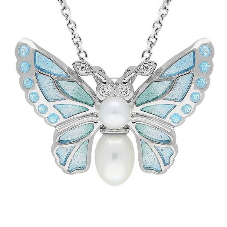 Sterling Silver Pearl Diamond Enamel House Style Butterfly Necklace - Silver