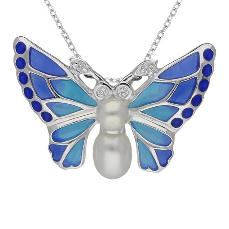 Sterling Silver Pearl Diamond Enamel House Style Blue Butterfly Necklace - Silver