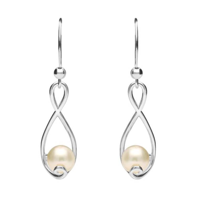 Sterling Silver Pearl 7mm Open Twist Drop Earrings D - Silver