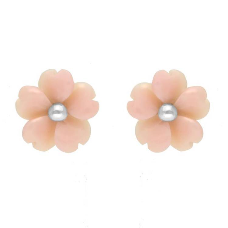 Sterling Silver Pink Conch Tuberose 8mm Gypsophila Stud Earrings - Silver