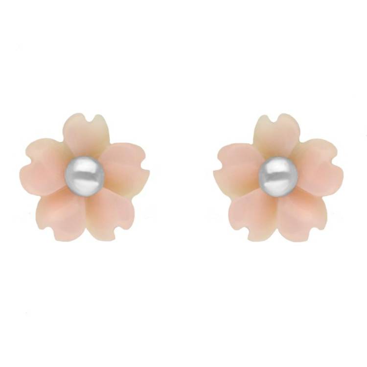 Sterling Silver Pink Conch Tuberose 6mm Gypsophila Stud Earrings - Silver